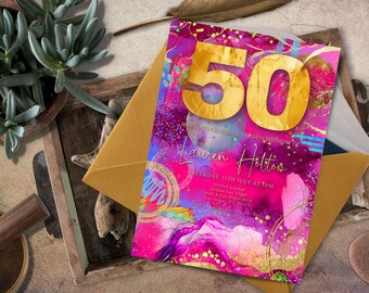 Ladies 50th Birthday invitation, INSTANT DOWNLOAD, pink gold invite, tropical 50th, Hello 50, nifty fifty for her, brunch party, hot pink
