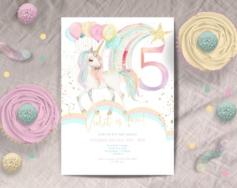 Unicorn 5th Birthday Invite, INSTANT DOWNLOAD, Pastel invitation, Rainbow, Gold Sparkles, Birthday Girl, five is a magical vibe, printable