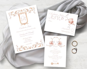 Baroque Wedding Suite, INSTANT DOWNLOAD, Victorian, Regency, Crest Wedding invite, Classical, rose gold, roses, elegant wedding, #BCW01