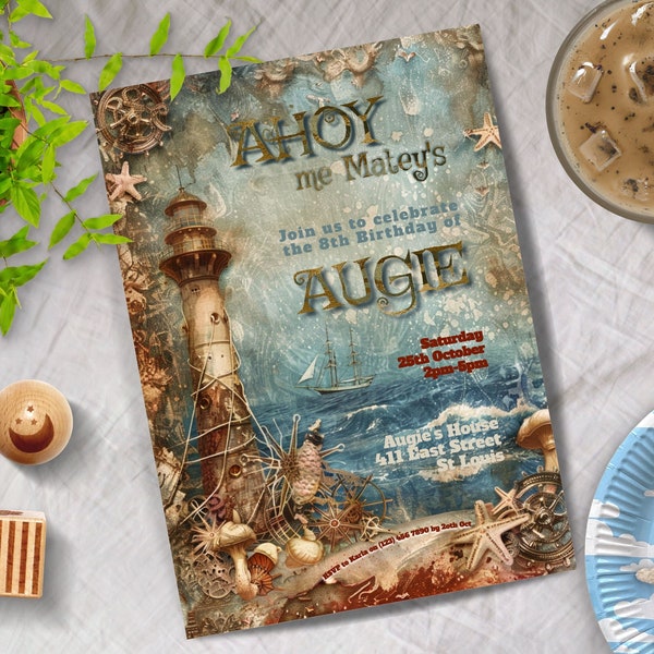 Ahoy Matey's Invitation, INSTANT DOWNLOAD, Nautical Party Invite, Pirate Birthday, Ocean, lighthouse, shipwreck, sail boat, Boy Birthday