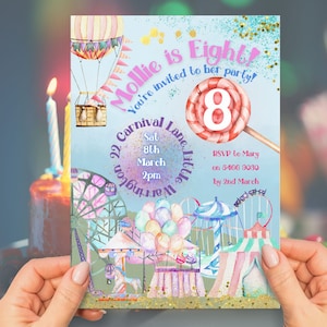 Carnival Party Invite INSTANT DOWNLOAD Amusement Park Birthday Invitation girl 8th eighth any age canva template gold foil #KBC01