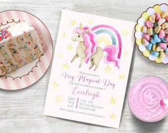 Unicorn First Birthday Invitation, INSTANT DOWNLOAD, edit in Canva, Rainbow Birthday Invite, Magical 1st party invite, baby girl birthday