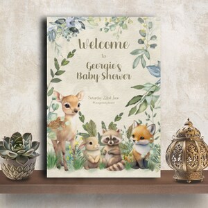 Baby shower welkomstbord, bosdouche, INSTANT DOWNLOAD, bosdieren, herten, vos, konijn, boho babyshower, groen, #WBG01
