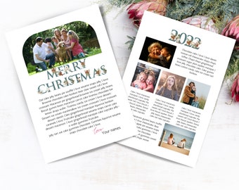 Carta de Feliz Navidad con resumen del año DESCARGA INSTANTÁNEA Tarjeta navideña familiar con boletín fotográfico Plantilla Canva editable