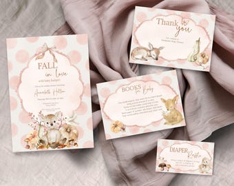 Fall in Love Baby Shower Invitation Bundle, INSTANT DOWNLOAD, Fall Baby Shower, Digital Invite, Rustic Pumpkin, little deer, baby girl