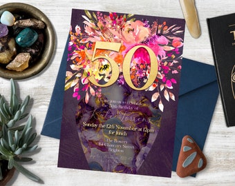 Fiftieth Birthday Invitation, INSTANT DOWNLOAD, ladies 50th invite, 50th Birthday party, surprise party, boho floral, gold foil, Fabulous 50