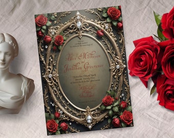 May include: An ornate wedding invitation featuring a gold frame with red roses and sparkling accents. The invitation includes the names Alice Matheson and Jonathan Grosvenor, with event details in elegant script.