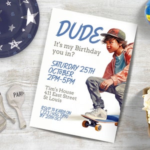 Dude Birthday Invite, INSTANT DOWNLOAD, Tween Boy einladen, Teen Boy Einladung, Hey dude, you in? Geburtstag einladen Skater, Skateboard einladen