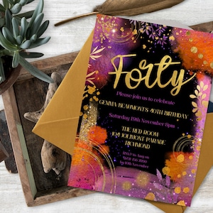 Ladies 40th Birthday Invite INSTANT DOWNLOAD Gold Orange Purple Fuchsia Party Invitations Surprise Cocktails Printable Editable Digital
