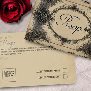 May include: A vintage-style RSVP card with a decorative floral border. The card has a place to write a name, a checkbox to accept or decline the invitation, and a website address for online RSVP. The text on the card reads "RSVP" and "You can either complete this card and return to us or click on to our website www.cressidalovesmiles.com to RSVP and inform us of food or any other special needs."