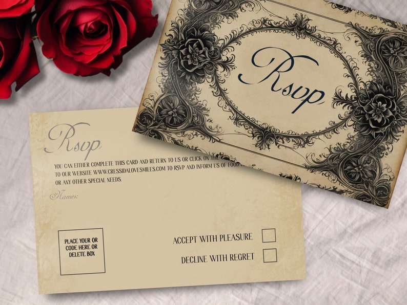 May include: A vintage-style RSVP card with a decorative floral border. The card has a place to write a name, a checkbox to accept or decline the invitation, and a website address for online RSVP. The text on the card reads "RSVP" and "You can either complete this card and return to us or click on to our website www.cressidalovesmiles.com to RSVP and inform us of food or any other special needs."