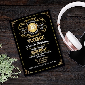 Editable Aged to Perfection Birthday Invitation, INSTANT DOWNLOAD 30th, Gold, Whiskey Label Birthday Invitation, Vintage Birthday Party,