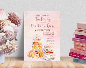 Mothers Day Tea Party Invitation INSTANT DOWNLOAD Mother's Day Brunch Invite Mommy and Me. Pink floral gold High tea Digital edit in Canva