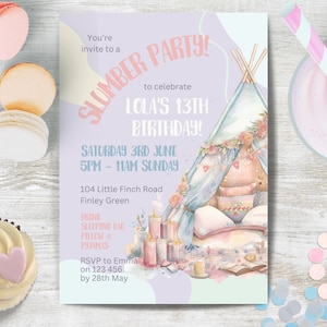 Slumber Party, Girl&#39;s Sleepover, INSTANT DOWNLOAD, pyjama party Birthday Invitation, girl&#39;s 13th invite, Canva Template, pajama party, pjs