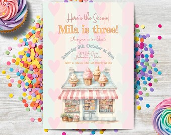 Ice Cream Party Invitation, INSTANT DOWNLOAD, here's the scoop, girl turning 3, 3rd party invite, three scoops of fun, summer birthday party