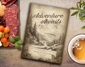May include: A vintage-style invitation card with a hand-drawn illustration of a mountain landscape. The text on the card reads "Adventure Awaits" and includes details for a farewell party for Janie and Lisa on Saturday, April 19th at 8pm at Roses Bar & Grill, 57 Onion Street, Backstreet.