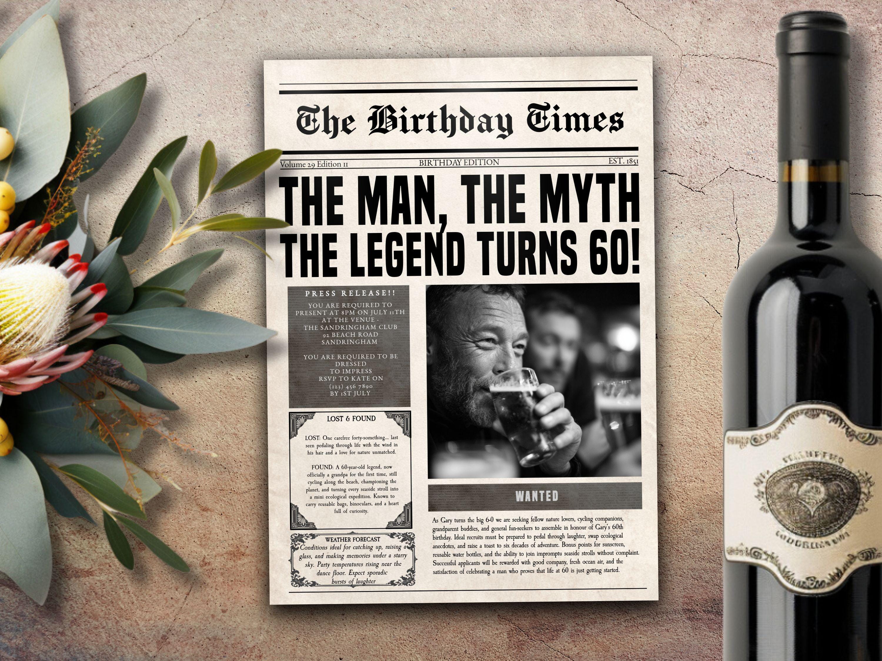 Mens 60th Birthday Invitation, INSTANT DOWNLOAD 60th, Newspaper