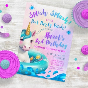 Unicorn Pool Party Invitation, INSTANT DOWNLOAD, pool party, mermaid party, 3 year old birthday girl, splish splash invite, digital invite