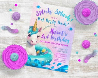 Licorne Pool Party Invitation, INSTANT DOWNLOAD, pool party, fête de sirène, fille d'anniversaire de 3 ans, splish splash invite, invitation numérique