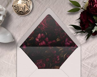 Burgundy Floral Envelope Liner, INSTANT DOWNLOAD, Canva Template, Liberty, Roses, dark floral, Envelope Liner in multiple sizes, moody
