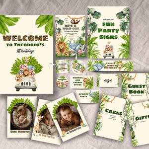 Erster Geburtstag Bundle, INSTANT DOWNLOAD, Er ist ein Wild One, Gender Neutral, Junge 1. Geburtstagseinladung, Dschungeltiere, Safari Thema