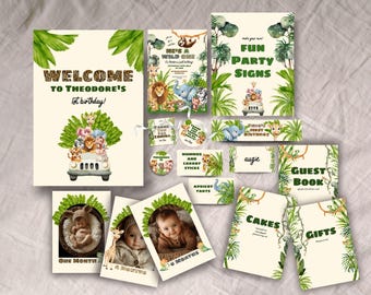 First Birthday Bundle, INSTANT DOWNLOAD, He's a Wild One, Gender Neutral, Boy 1st Birthday Invitation suite, jungle animals, safari theme