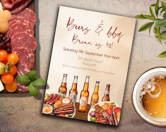 40th Birthday Party Invitations BBQ, INSTANT DOWNLOAD 40th, Cheers to 40 Years Invitation, Vintage Birthday Party, Cheers & Beers