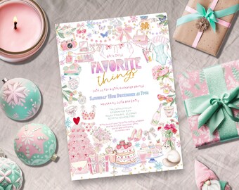 May include: A festive invitation for a gift exchange party, featuring the text "FAVORITE things" in a whimsical design. The invitation is surrounded by illustrations of gifts, desserts, and decorative elements. Ornaments and wrapped gifts are also visible.