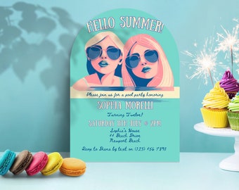 May include: A turquoise pool party invitation with the text "HELLO SUMMER!" and "SOPHIA MORELLI" in a stylized font. The invitation features illustrations of two women wearing sunglasses. Cupcakes and sparklers are in the background.