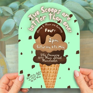 Twee bolletjes zijn beter dan één, Twin Boys Ice Cream Birthday Party Uitnodiging INSTANT DOWNLOAD Hier is de Scoop Party Uitnodiging Canva-sjabloon