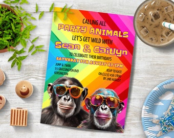 Siblings Birthday Invitation, INSTANT DOWNLOAD, Let's Get Wild, Party Animals Invite, Best Friends invite, joint party, twins birthday