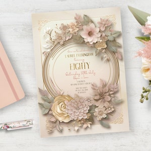 Dames 80e verjaardagsuitnodiging, INSTANT DOWNLOAD, Botanische Uitnodigen, bloemen, Tachtigste verjaardag Uitnodigen, Foto Uitnodiging, dubbelzijdig