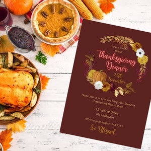 Thanksgiving Dinner Invitation INSTANT DOWNLOAD Let&#39;s Gather Invite Let&#39;s Give Thanks Party Editable Friendsgiving Canva