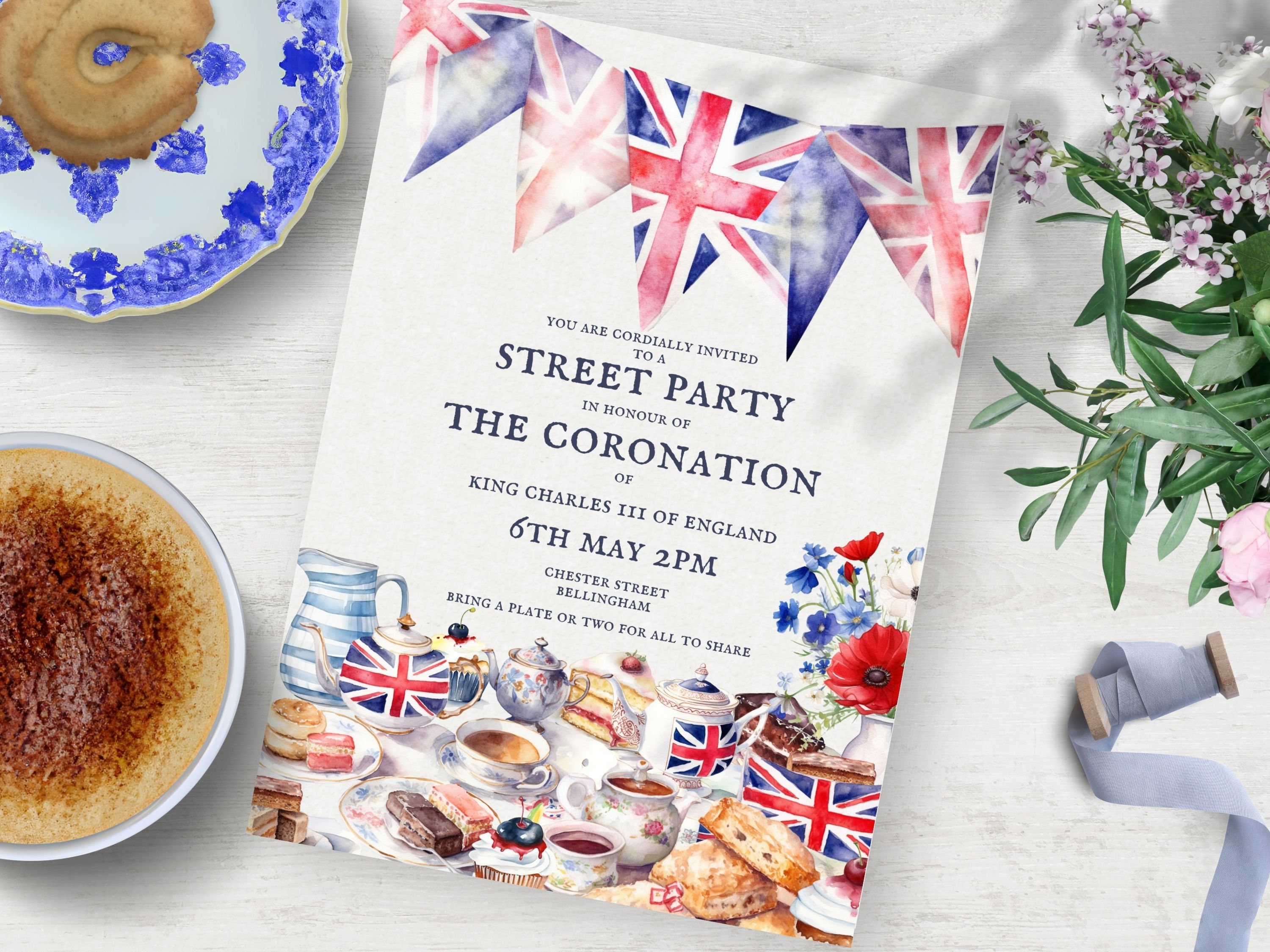 Editable Coronation Street Party Invitation INSTANT DOWNLOAD, Invite for King Charles III Coronation May 2023 Garden Party, High Tea, Canva