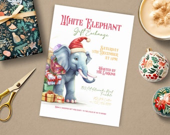 White Elephant Party Invitation Template, INSTANT DOWNLOAD, Secret Santa Christmas Party Invite, Invitation Template, Digital Download