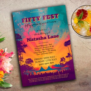 May include: A colorful invitation for a 50th birthday party called "Fifty Fest: Fifty Years of Good Times". The invitation features a sunset background with palm trees and a purple tent. The text "The Birthday Girl Natasha Lane" is featured in a large font. The invitation also lists the date and time of the party.