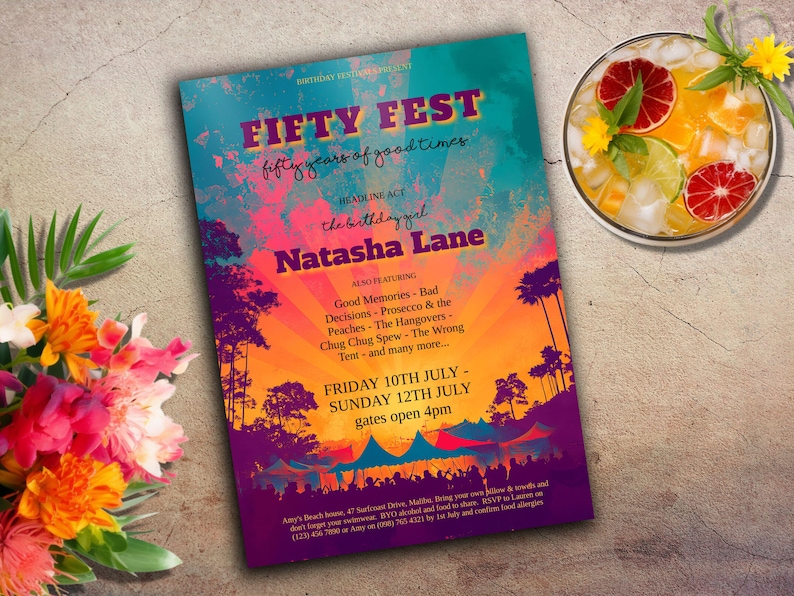 May include: A colorful invitation for a 50th birthday party called "Fifty Fest: Fifty Years of Good Times". The invitation features a sunset background with palm trees and a purple tent. The text "The Birthday Girl Natasha Lane" is featured in a large font. The invitation also lists the date and time of the party.