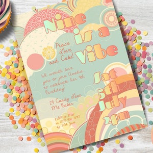 Nine is a Vibe Birthday Invitation, INSTANT DOWNLOAD, girls 9th birthday, Groovy, Retro invite, Peace Love and cake, 9th birthday party