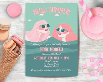 Pool Party Invite, INSTANT DOWNLOAD, Modern, Minimal, Girl's 13th Birthday Invitation, Hello Summer, Pool Party Invitation, retro party