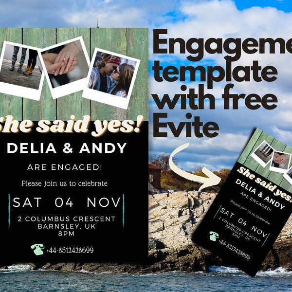 Photo Engagement template INSTANT DOWNLOAD with FREE evite electronic engagement invitation boho party invite commitment ceremony canva