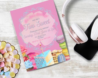 May include: Pink birthday invitation with a blue and white border. The invitation says "It's Ava's Birthday and she's Two Sweet." The invitation also includes the date and time of the party, the address, and a phone number. The invitation is decorated with a variety of sweets, including cupcakes, donuts, macarons, and cake.