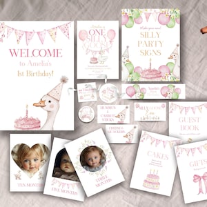 Girl First Birthday Bundle, INSTANT DOWNLOAD, One Silly Goose bundle, One Silly Goose Girl 1st Birthday Invitation suite, pink, silly goose