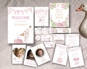 女の子の1歳の誕生日バンドル、即時ダウンロード、Silly Gooseバンドル1つ、Silly Gooseの女の子の1歳の誕生日招待状1セット、ピンク、Silly Goose