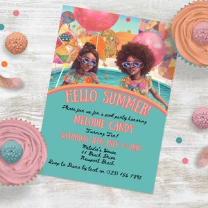 Pool Party Invite, INSTANT DOWNLOAD, Modern, Minimal, Girl&#39;s 10th Birthday Invitation, Hello Summer, Pool Party Invitation, retro party