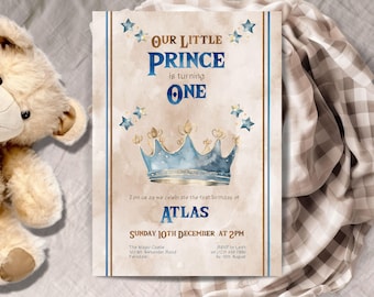 Little Prince first Birthday invitation, INSTANT DOWNLOAD, baby boy 1st birthday, he's turning one, our little prince, boy first birthday