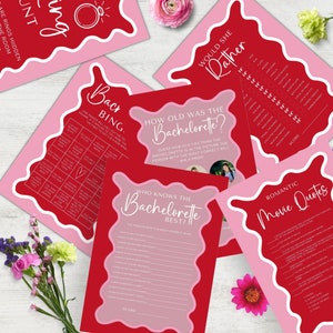 Bachelorette Games, INSTANT DOWNLOAD,  Editable, Pink Red Bridal Games, Printable, Pink Wavy Games Pack, Modern Bridal Shower Games, Curvy