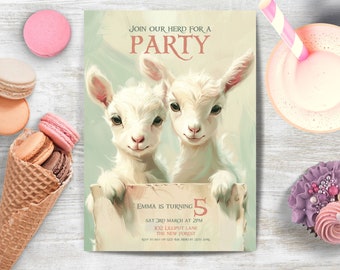 May include: A party invitation featuring two adorable white baby goats holding a scroll. The invitation reads "Join Our Herd For A Party" and includes details for Emma's 5th birthday. Pastel colors and a whimsical design create a charming aesthetic.