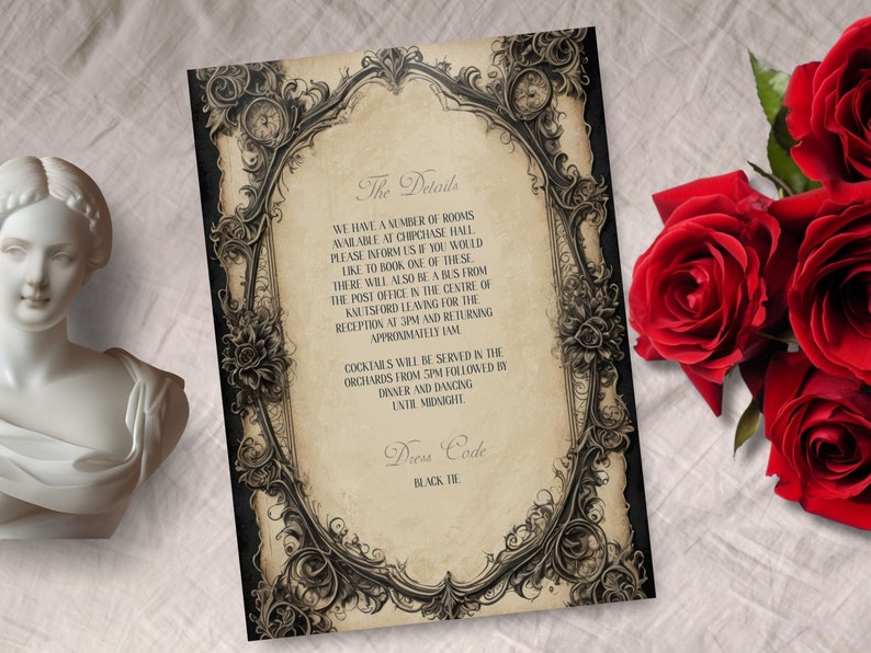 May include: A vintage-style wedding invitation with an ornate black and white frame. The invitation details include information about the reception, dress code, and transportation. The text reads "The Details", "We have a number of rooms available at Chipchase Hall. Please inform us if you would like to book one of these. There will also be a bus from the post office in the centre of Kautford leaving for the reception at 3pm and returning approximately 1am. Cocktails will be served in the orchards from 5pm followed by dinner and dancing until midnight. Dress Code: Black Tie."