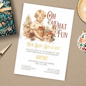 Christmas 1st Birthday Invitation, INSTANT DOWNLOAD, Oh What Fun, Christmas Birthday Party, Vintage Christmas, boy first birthday