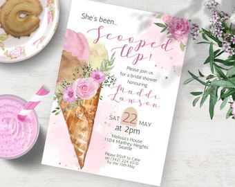 Invitación de despedida de soltera floral rosa, descarga instantánea, plantilla de Canva, invitación de helado
